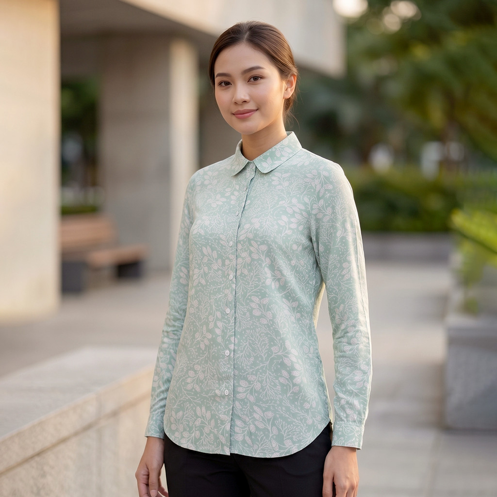 CJ Studio | Novel | Blouse Wanita Basic Rayon Alysa Mint | Atasan Wanita Lengan Panjang Motif Daun