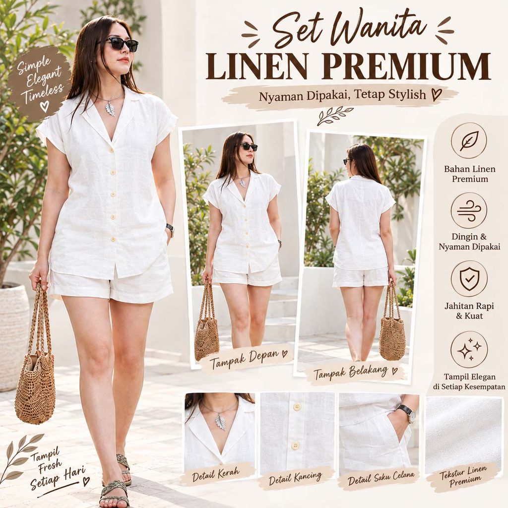 Setelan Linen Premium Kemeja Set Wanita Linen Cotton Premium