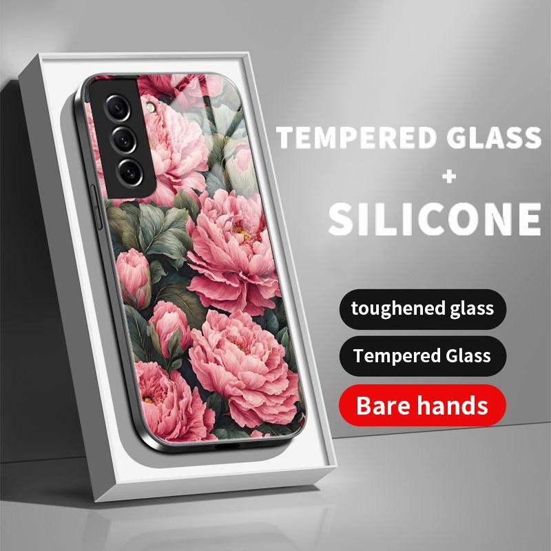 Case Hp For Samsung S21 FE 5G S21 5G S21 Plus S21 Ultra S8 HD Glass Silikon Back Peony Casing Handph