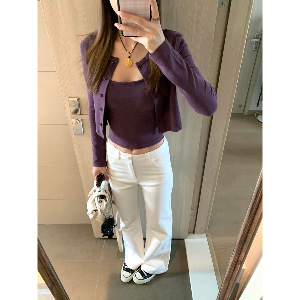 Atasan rajut ungu dengan tali spaghetti gaya baru untuk wanita