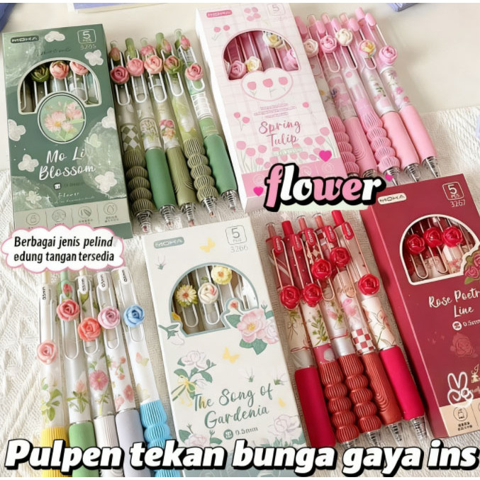 Pulpen Bunga Estetik Tren Instagram - Ujung ST 0.5mm Cepat Kering & Tidak Pudar, Grip Nyaman Tahan L