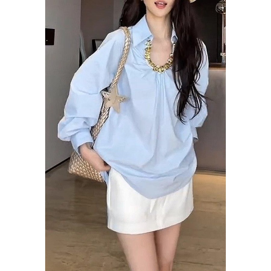 Desain sekuin kemeja longgar biru wanita atasan tipis kasual Korea baru