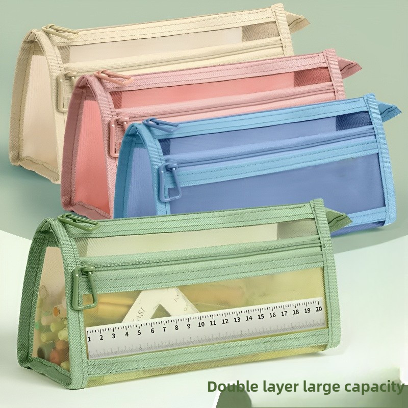 Desk Storage Morandi Mesh Pencil Case with Handle and Zipper, Cute Transparent Stationery Storage Ba