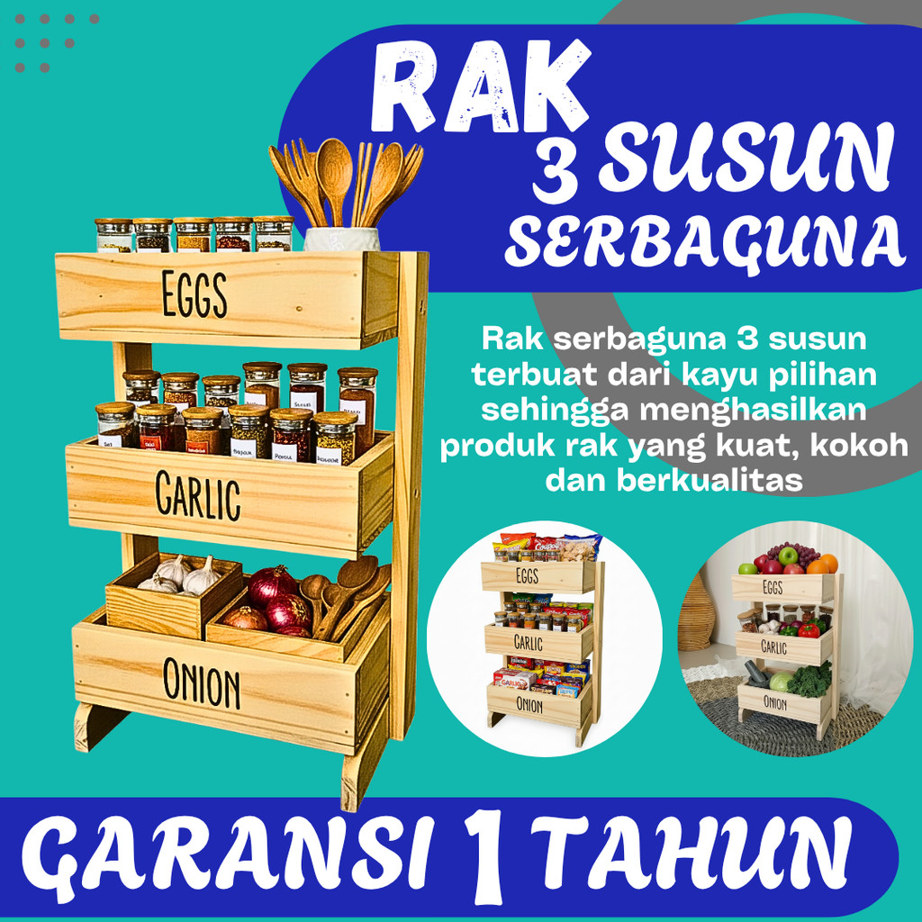 Rak bawang kayu 3 susun / Rak dapur / Rak kosmetik/ Rak perkakas/ Rak bawang