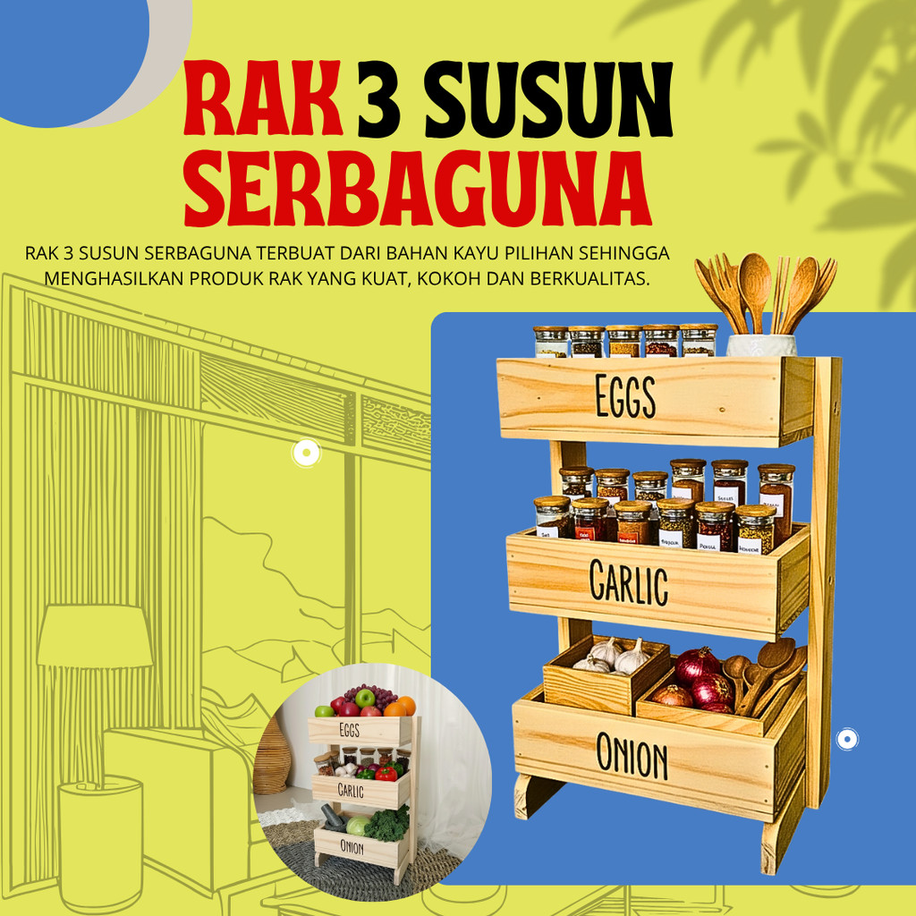 Rak bawang kayu 3 susun / Rak dapur / Rak kosmetik/ Rak perkakas/ Rak bawang