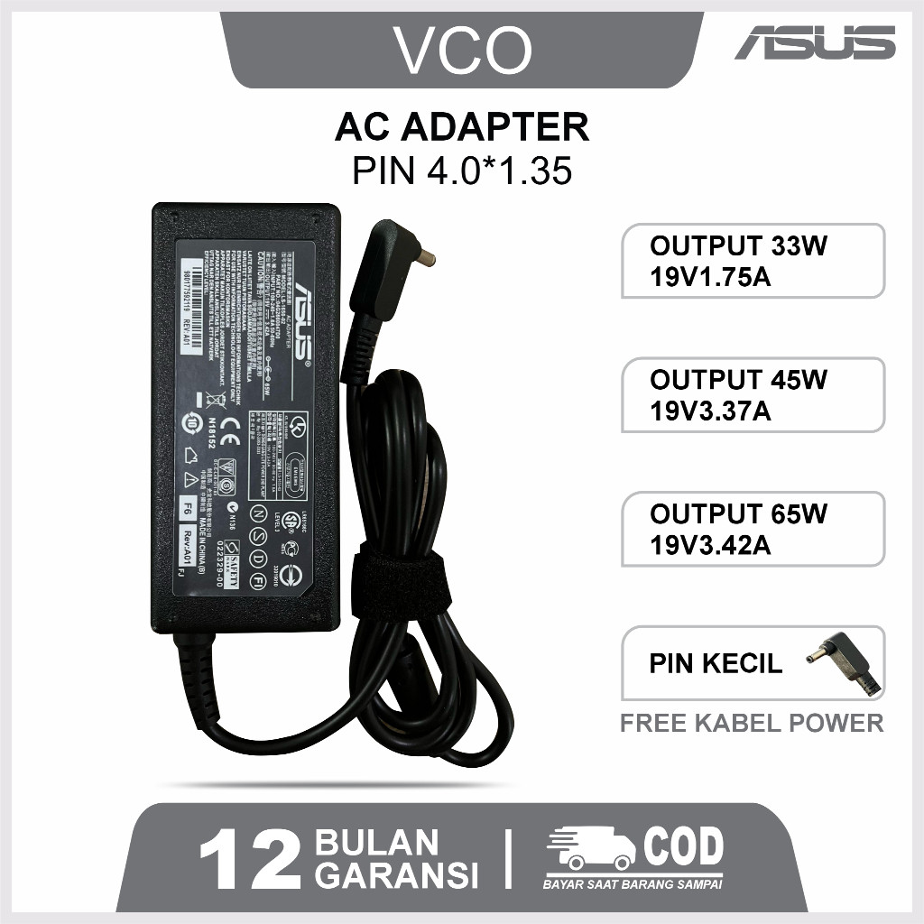 VCO Adaptor Charger Laptop ASUS 4 Tipe Pin (4.0x1.35mm / 4.5x3.0mm / 5.5x2.5mm / Type-C) FREE Kabel 