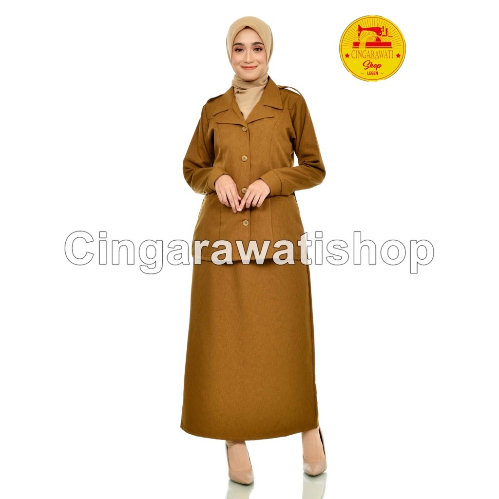 LAVONNE.STORE Seragam PNS Wanita – Setelan Baju Dinas Pemda PDH Khaki Tua Muslimah