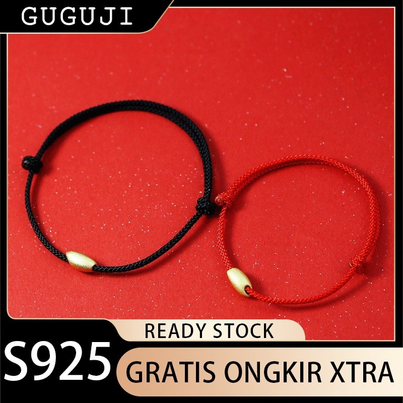 GUGUJI Gelang Manik Emas Millet Tali Merah dan Hitam Dua Warna untuk Pria dan Wanita Pasangan Manik 