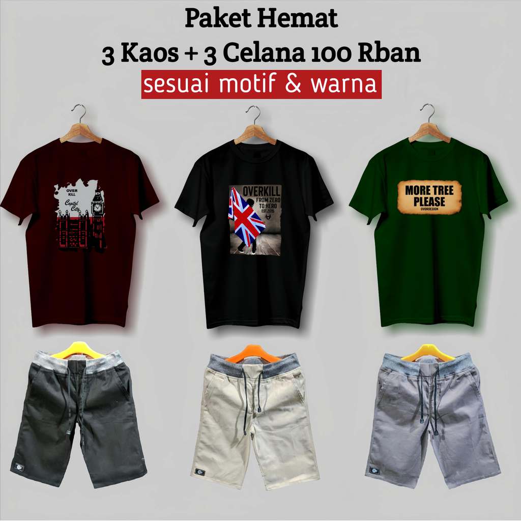 PROMO (REAL SEPERTI DI FOTO) PAKET HEMAT 100 RB DAPET 3 KAOS + 3 CELANA CHINOS PENDEK PRIA DEWASA