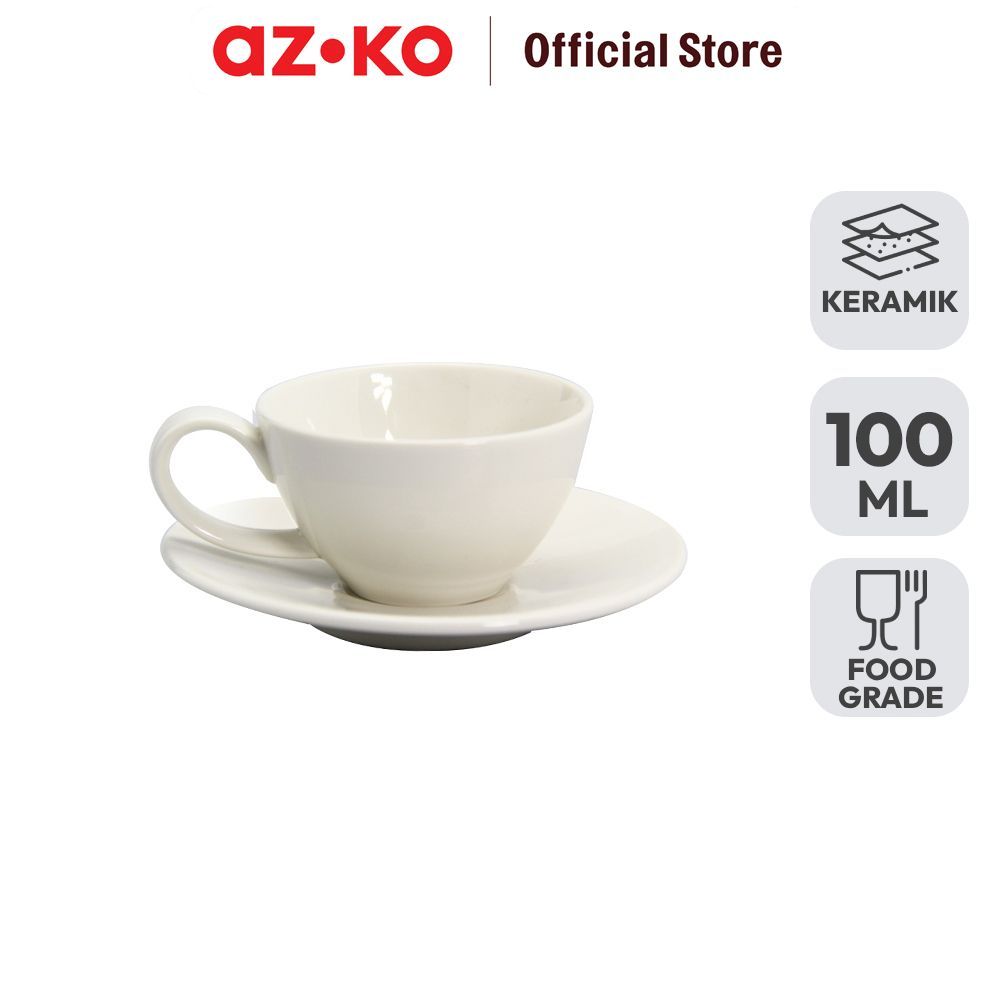 AZKO Delicia Simple Plus Cangkir Keramik Dengan Saucer 100 ml - Putih Tea Cup Coffee Cup Piring Alas