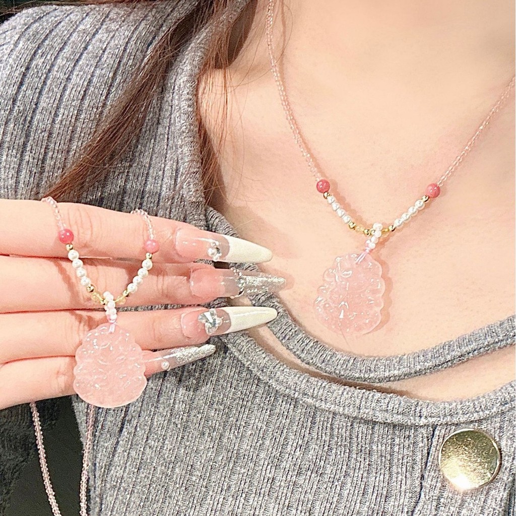 Set Kalung Liontin Rubah Sembilan Ekor Kristal Pink Alami DIY Kalung