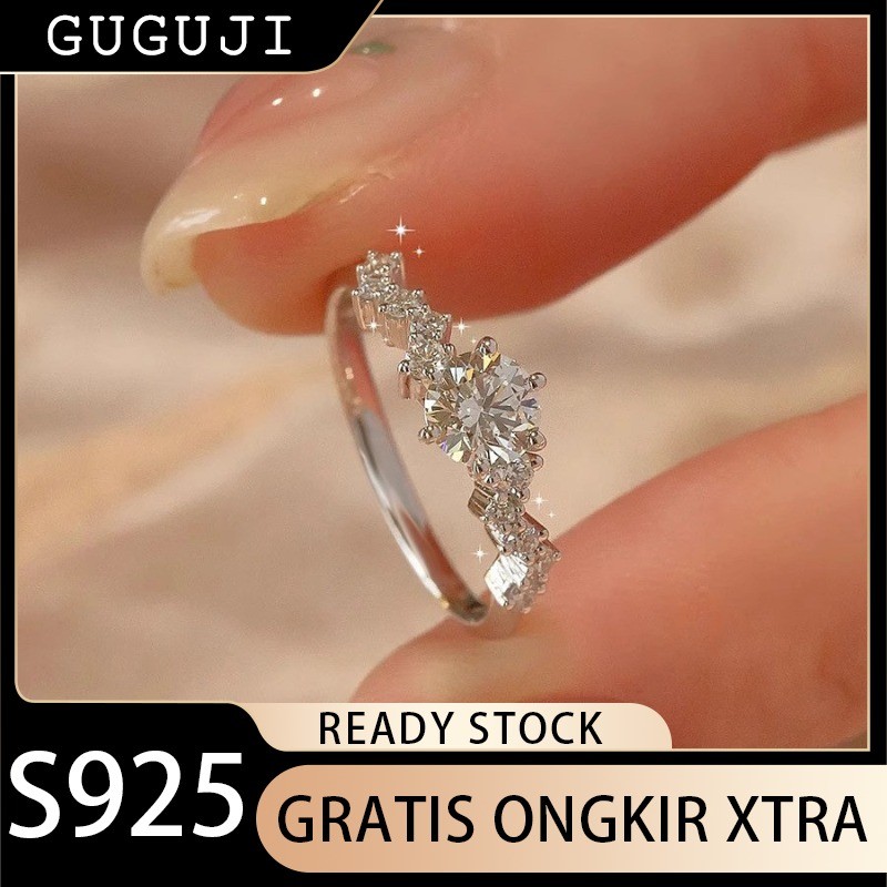 GUGUJI Cincin Berlian Galaxy Imitasi Moissanite 1 Karat untuk Wanita, Cincin Pernikahan Emas Putih 1