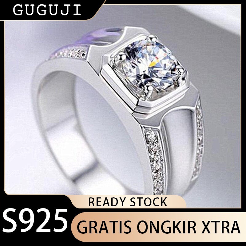 GUGUJI Cincin Besar Dominan Pria 18K Emas Putih Cincin Berlian Simulasi Cincin Pria Hadiah Pasangan