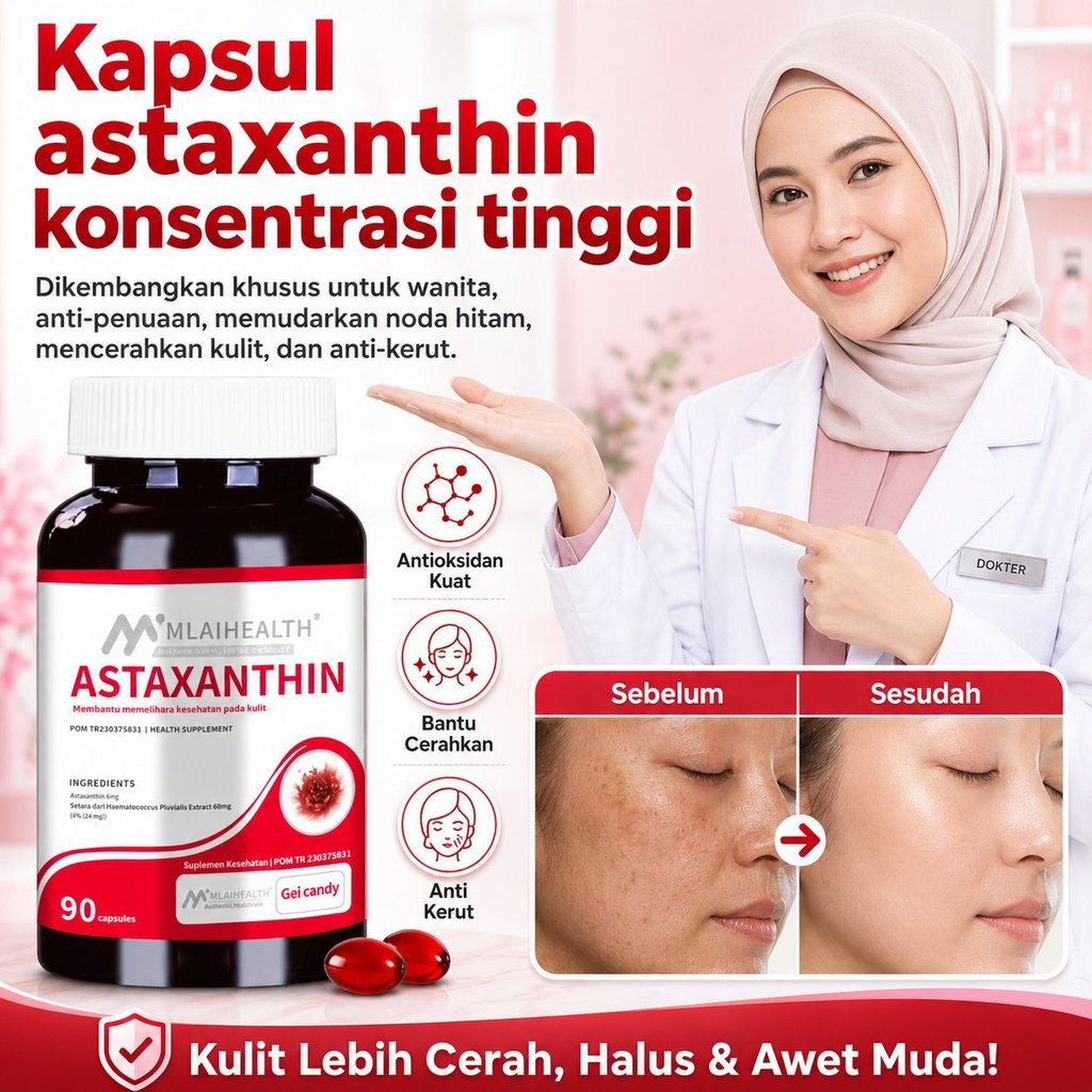 Kapsul Astaxanthin Wanita | Astaxanthin Konsentrasi Tinggi | Suplemen Astaxanthin | Kapsul Pemutih A