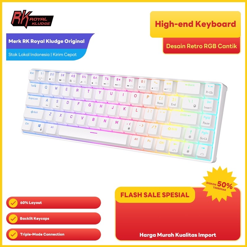 RK Royal Kludge RK68 RGB White 68 Keys Wired keyboard     Berkualitas