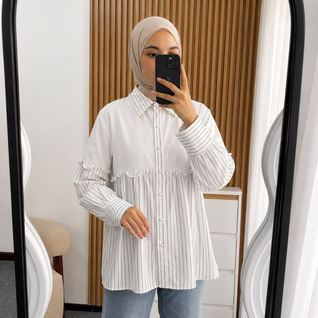 Atasan Kemeja Ruffle Kombinasi Salur Kerah Mutiara / Blus Lengan Panjang Elegan OOTD Korean Style