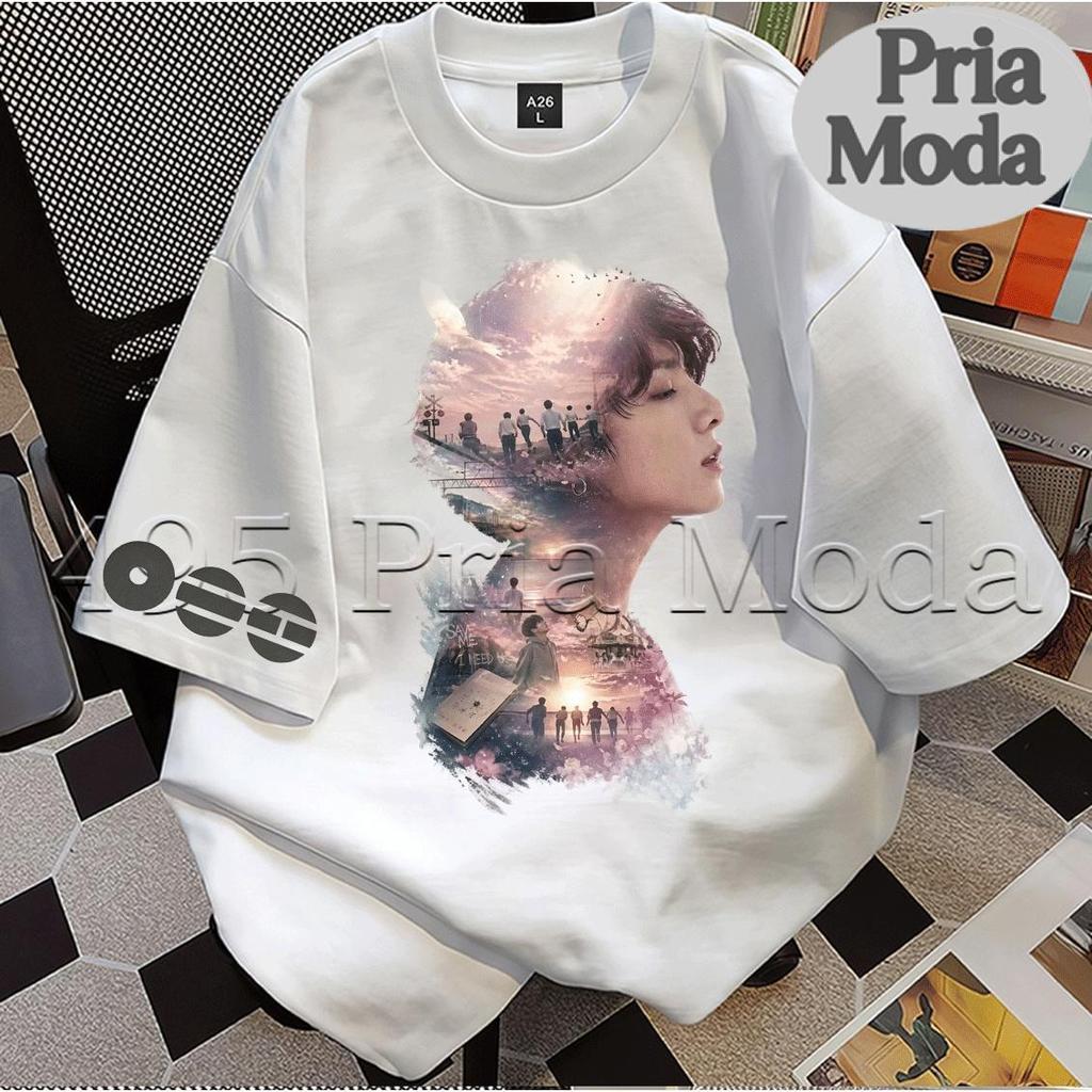 Atasan unisex kasual modis, Kaos sablon potret tren, lengan dilengkapi motif kartun mini, cocok dipa