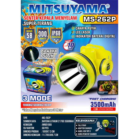Senter Kepala Selam Mitsuyama MS-262 P MS-262 K 300w 300watt 300 Watt Ring 58 Cahaya Putih Kuning Su