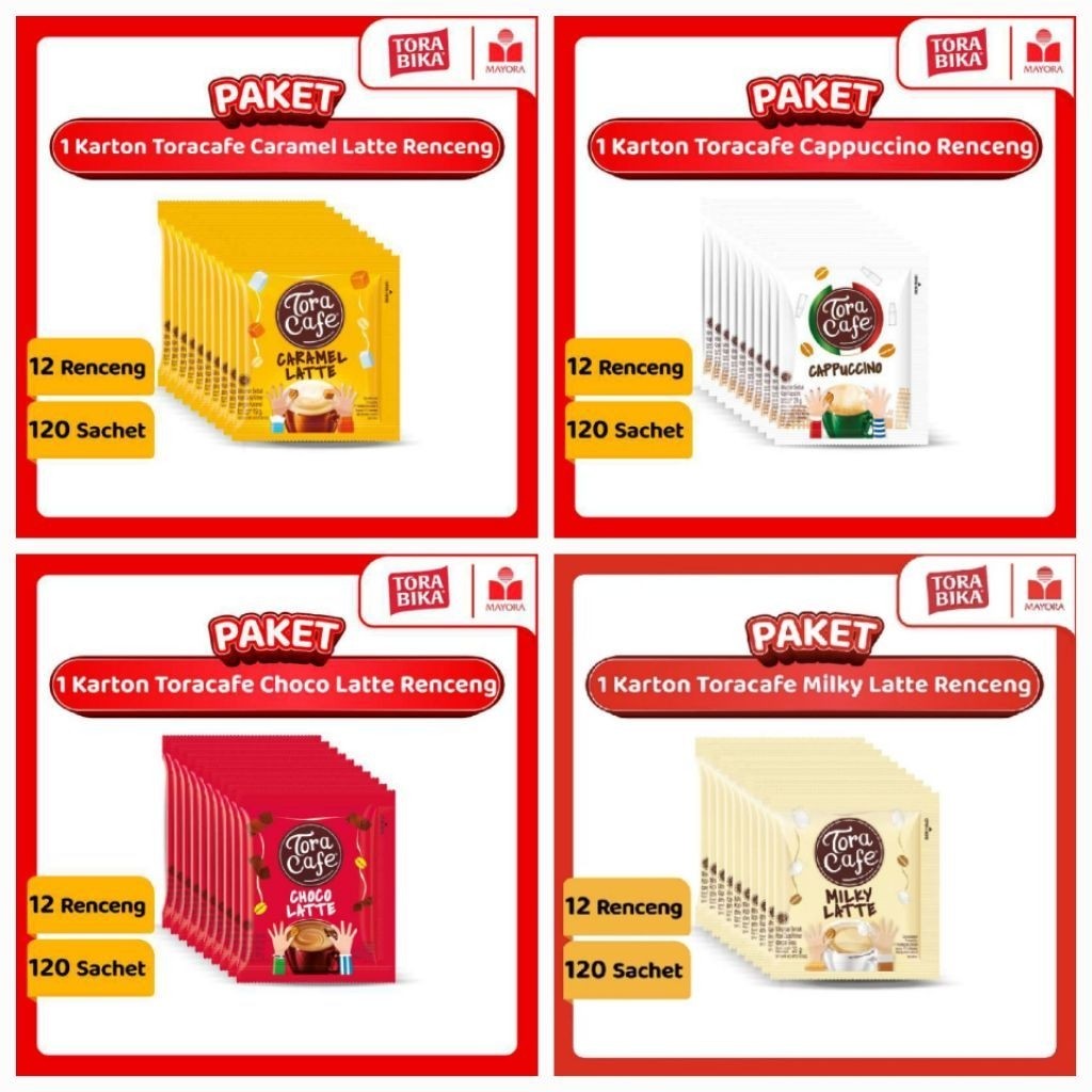 120 Sachet / 1 Dus Tora cafe Milky Latte , Tora Cafe Choco Latte , Tora Cafe Caramel Latte , Tora Ca
