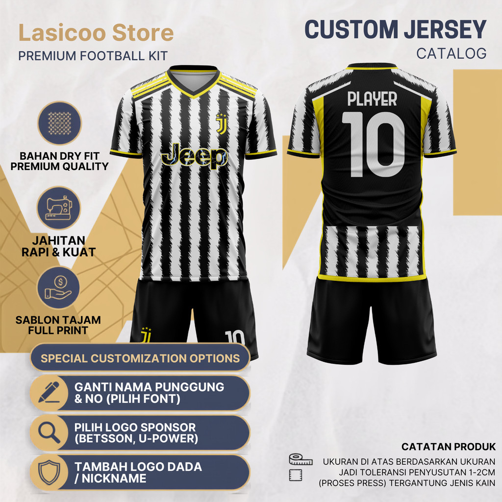 Baju Bola JUV3 Kandang Hitam Putih Gratis Custom Nama Punggung Del Piero