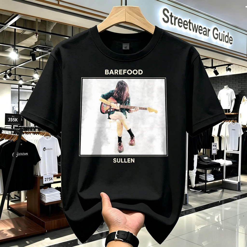 Kaos Pria Distro Original 100% Barefood Sullen Motif Gitar Vintage, T-shirt Vintage Kaos Band Unisex