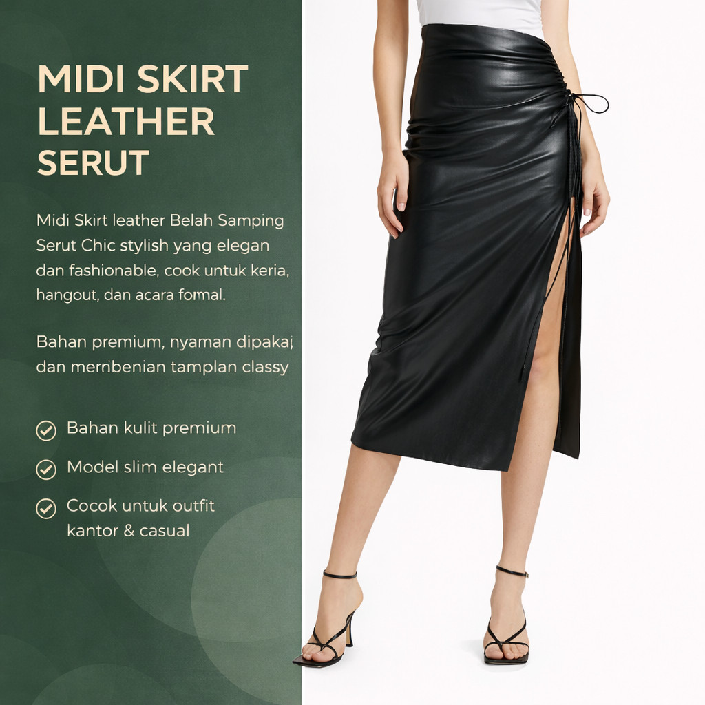 LAPAKSHOP Rok Midi Kulit Wanita High Waist – Rok Bodycon Serut Belah Samping Slim Fit