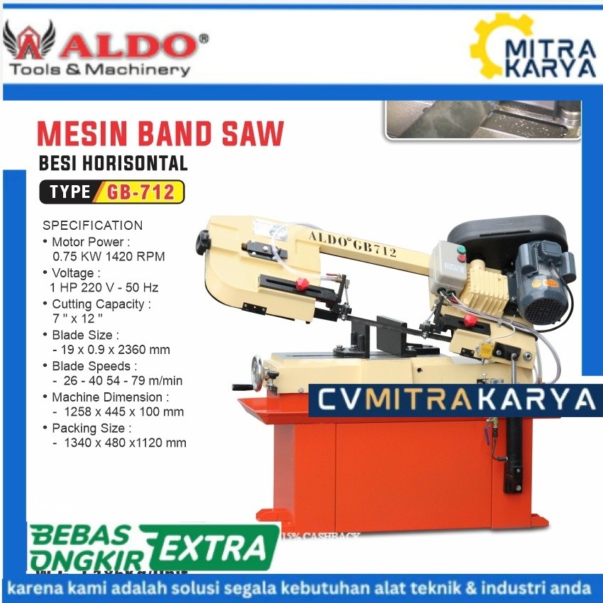 ALDO Mesin Potong Besi Horizontal Band Saw GB-712 Heavy Duty Cutting Pemotongan Material Bengkel Ind