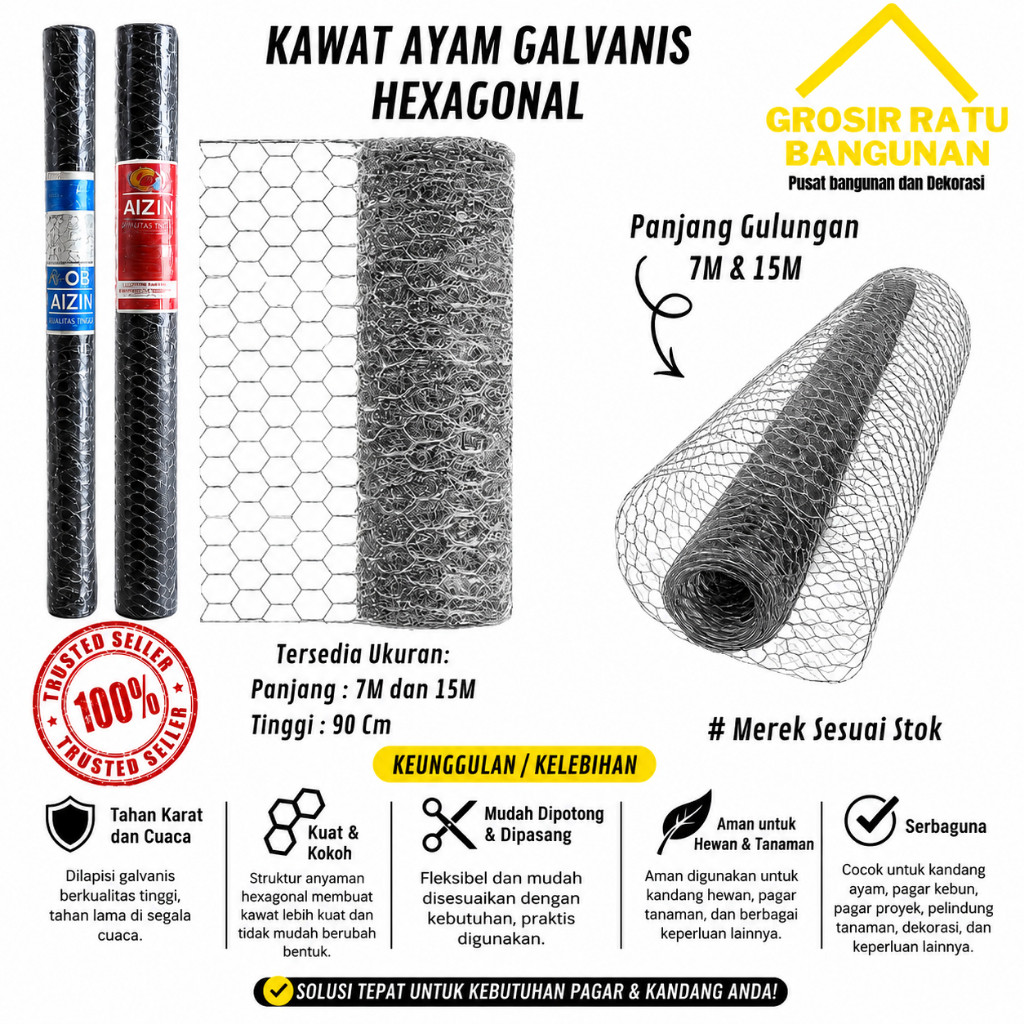 Kawat Ayam galvanis Hexagonal Kawat pagar Kandang ayam kelinci TEBAL anti karat WIREMESH 1 Roll