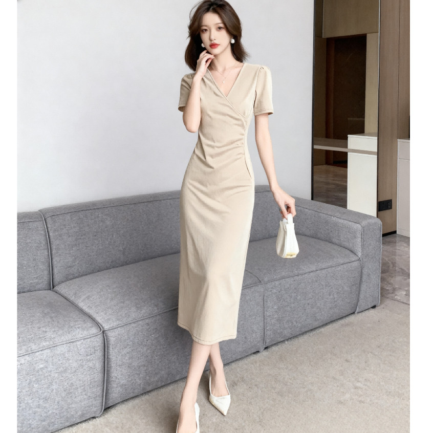Baju Midi Ivory Dress Pesta Mewah Elegan Korean Style Dress Kondangan Wanita Kekinian Simple Casual 