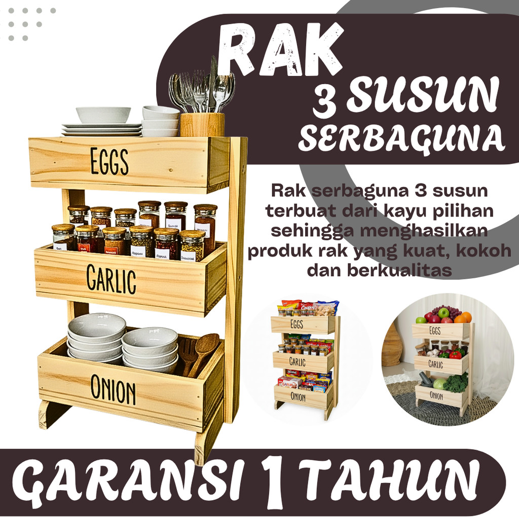 Rak bawang kayu 3 susun / Rak dapur / Rak kosmetik/ Rak perkakas/ Rak bawang