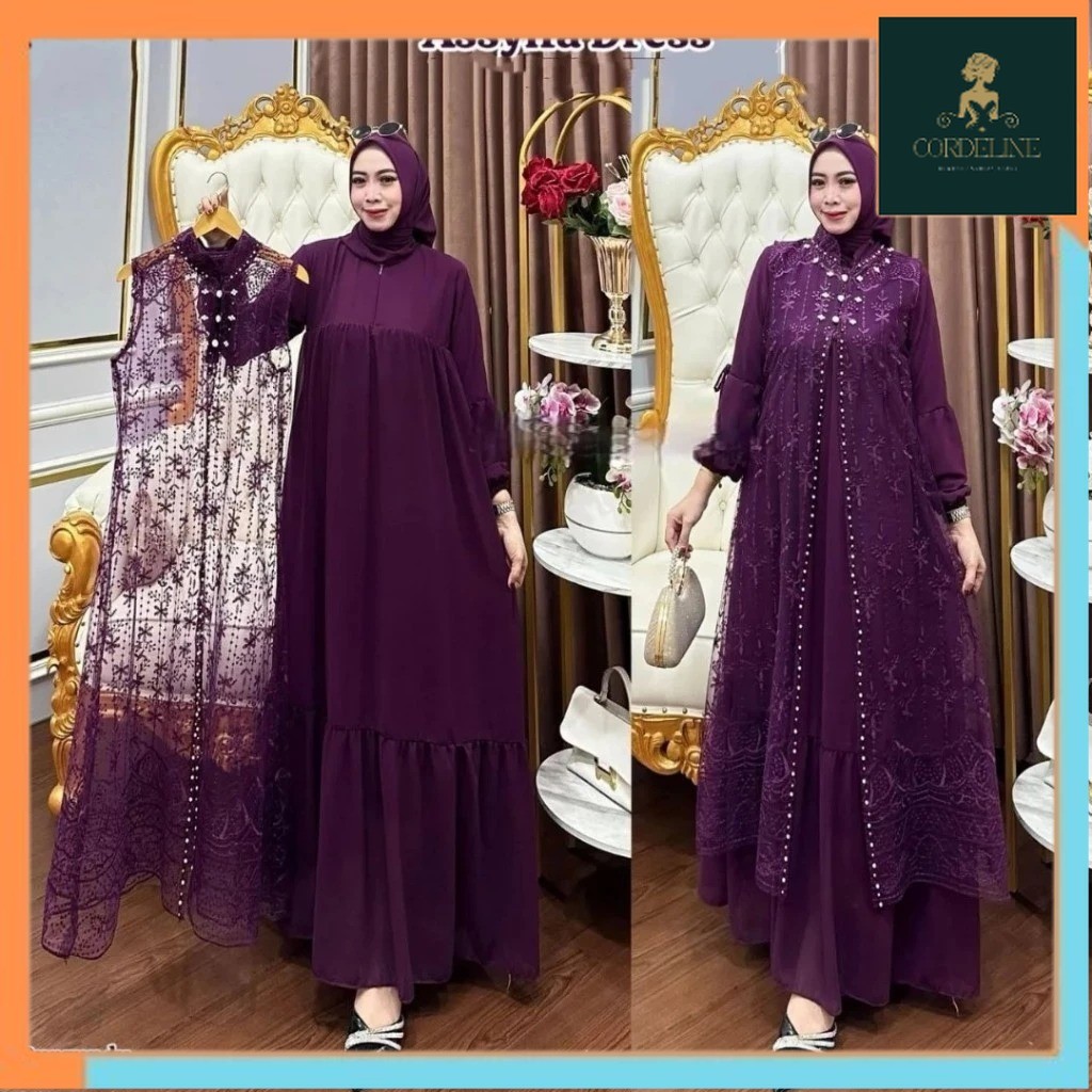 Baju Gamis Set Outer Brukat Terpisah Model Terbaru Assyifa Dress BO Bahan Ceruty Babydoll Aplikasi P