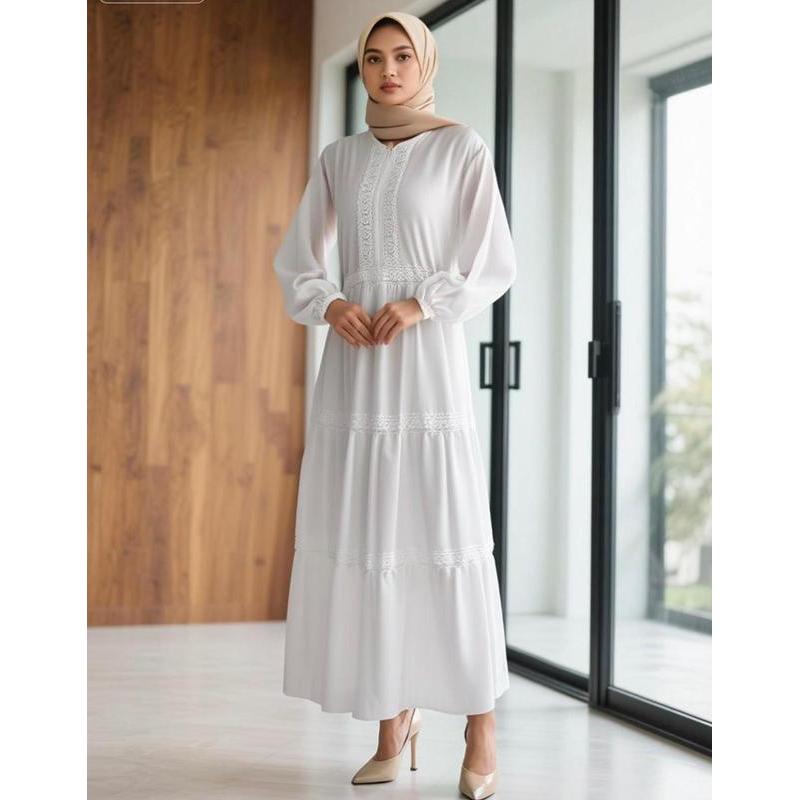 KANIN Dress | Renda Bunga Cantik Dada Bawah Gamis Ceruty Babydoll Mewah Elegan Full Puring Gamis Mus