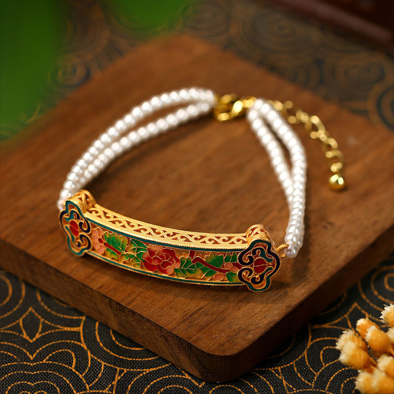 Gelang tangan kerawang Ruyi biru berlapis emas gaya Cina baru yang mempertahankan warna