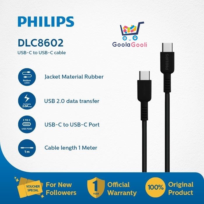 Philips DLC8602 USB-C to C Cable Charge 2.0 Data Transfer 1M | GRS Resmi