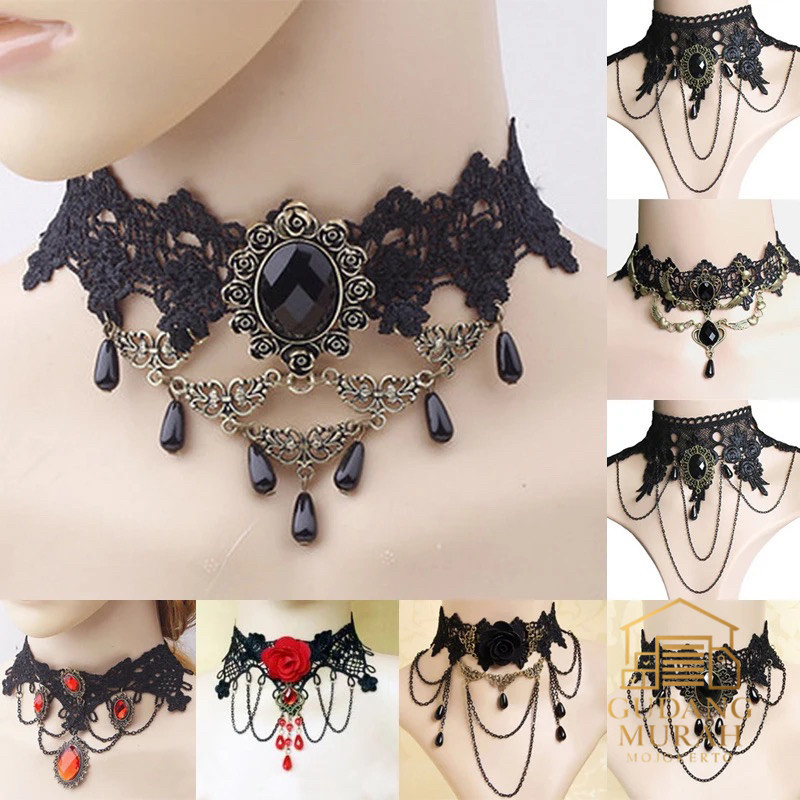 Kalung Choker Renda Hitam Liontin Aksesoris Perhiasan Wanita