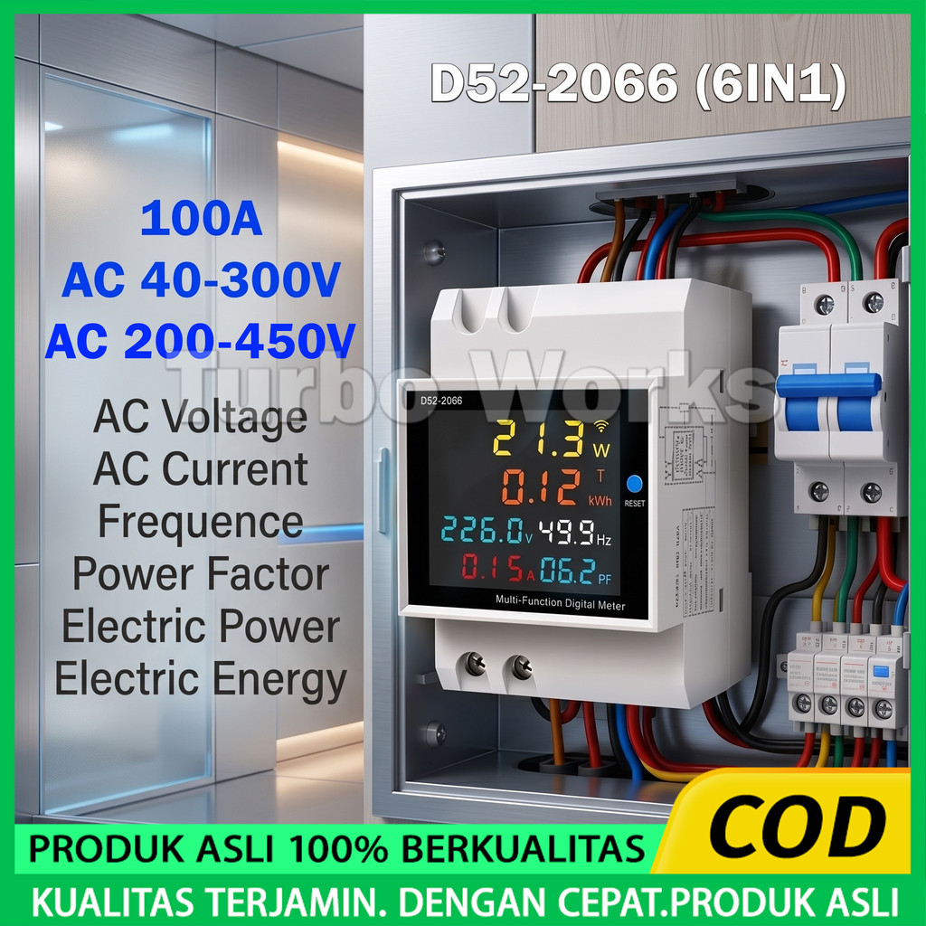 D52-2066 KWH Meter Pinter Monitor AC Din Rail 6IN1 Tegangan Arus Daya Frekuensi Energi 40V-300V 200V
