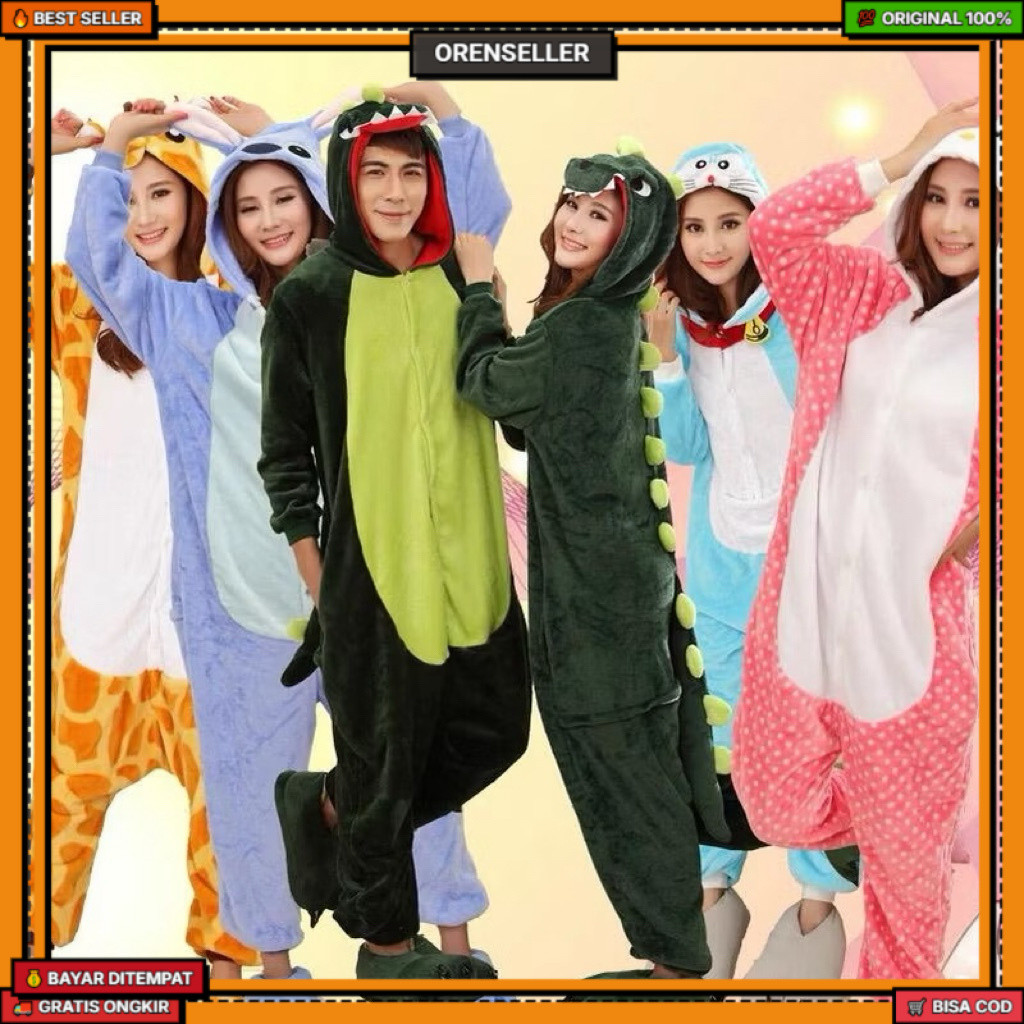 BAJU ONESIE KOSTUM COSPLAY DEWASA ANAK DINO TOTORO JERAPAH PENGUIN STITCH SAPI PIKACHU CAPYBARA SERI