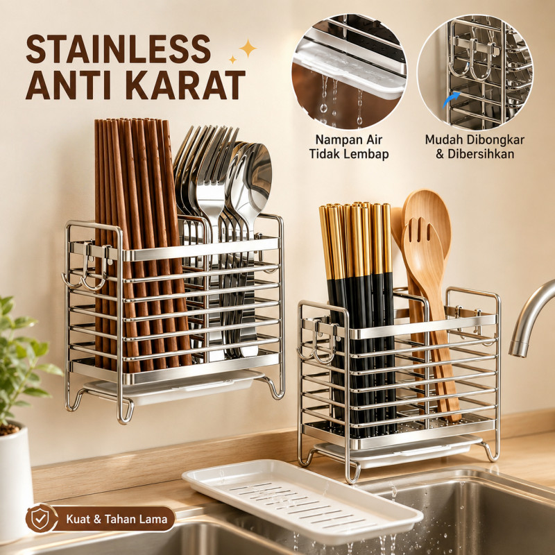 Rak Dapur Stainless Tempat Kotak Penyimpanan Sendok Stainless Bisa Tempel Dinding Tanpa Bor Untuk Da