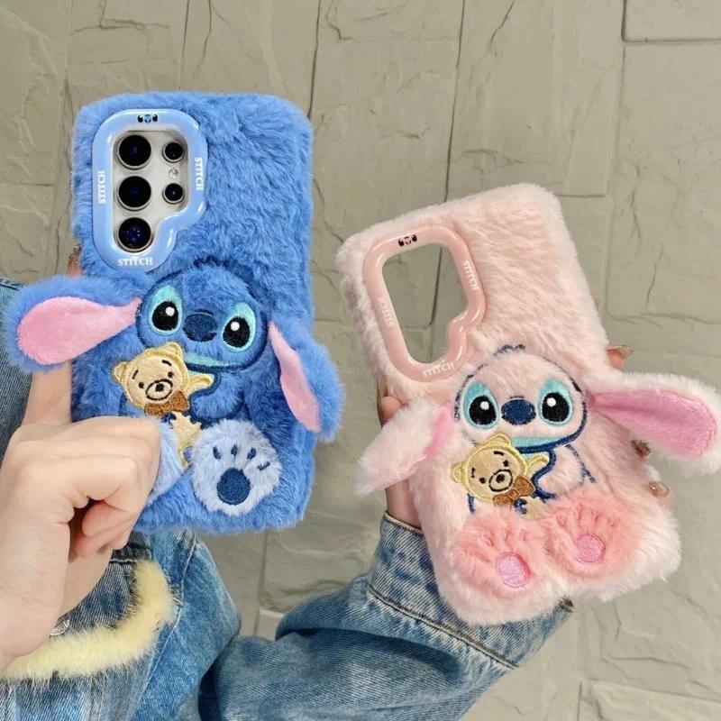 3D Stitch Plush Fluffy Phone Case with Camera Stand For Galaxy S26 S25 S20 21 22 23 24 24Ultra Plus 
