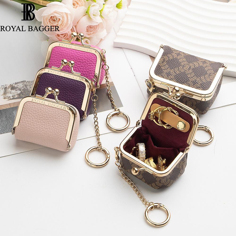 LOISSHOP Royal Bagger Tas Koin Mini dari Kulit Asli, Dompet Koin dengan Kunci Tekan Warna Polos, Tas