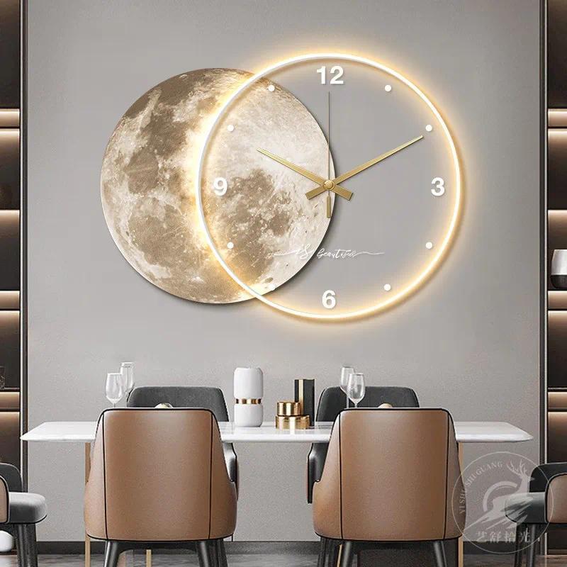 Wabi Sansi decorative painting highend moon led lamp with clock living room wall painting creative c