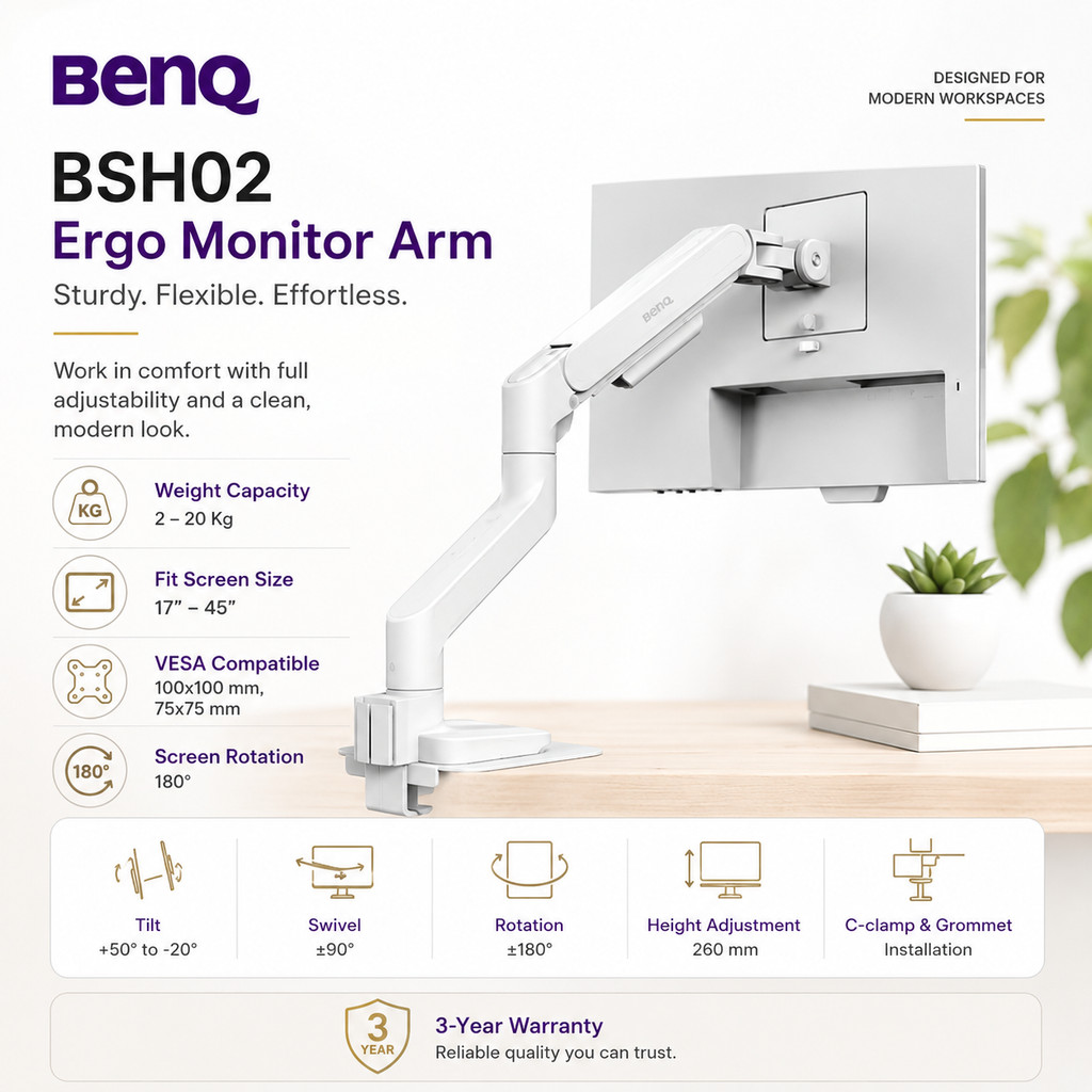 BenQ BSH02 Ergo Monitor Arm Monitor Desk Mount VESA 75x75 100x100 untuk Monitor 17-45 Inch Beban Hin