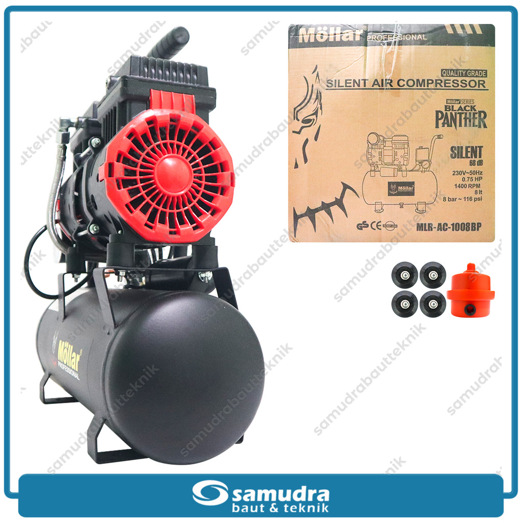 MOLLAR Mesin Kompresor AC-1008BP 3/4 hp 8 Liter Hitam Black Panther Compressor Angin Oilless Silent