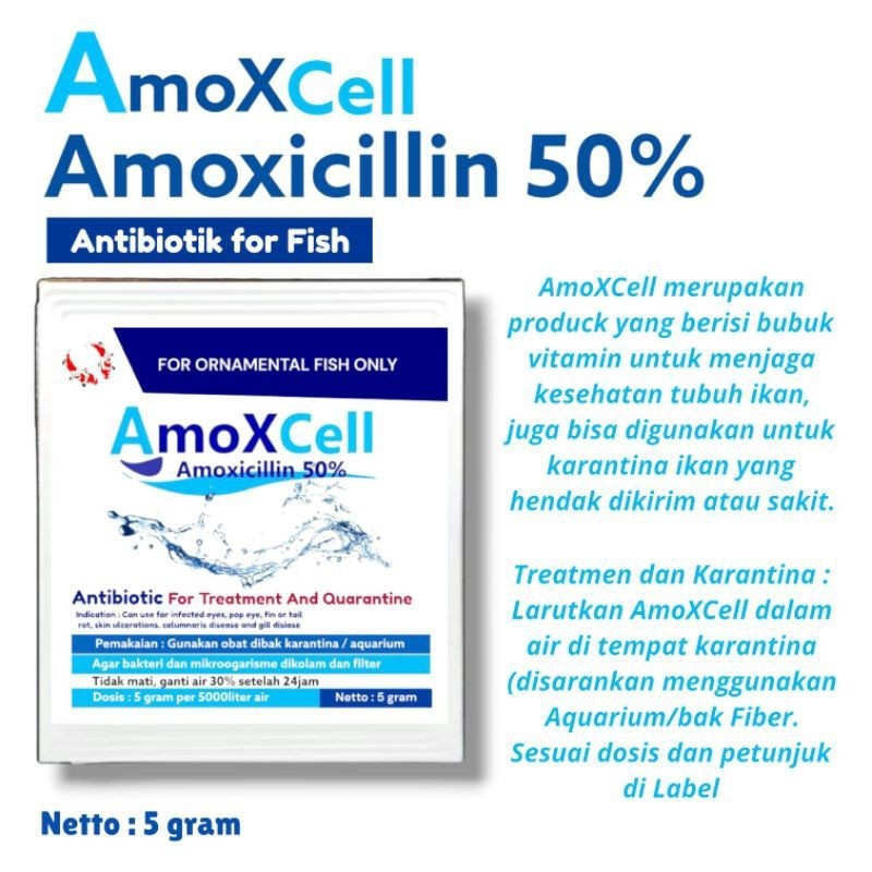 Amoxcell 5gr amoxicillin 50% obat karantina ikan antibiotik untuk ikan hias ikan predator/ bibit ika
