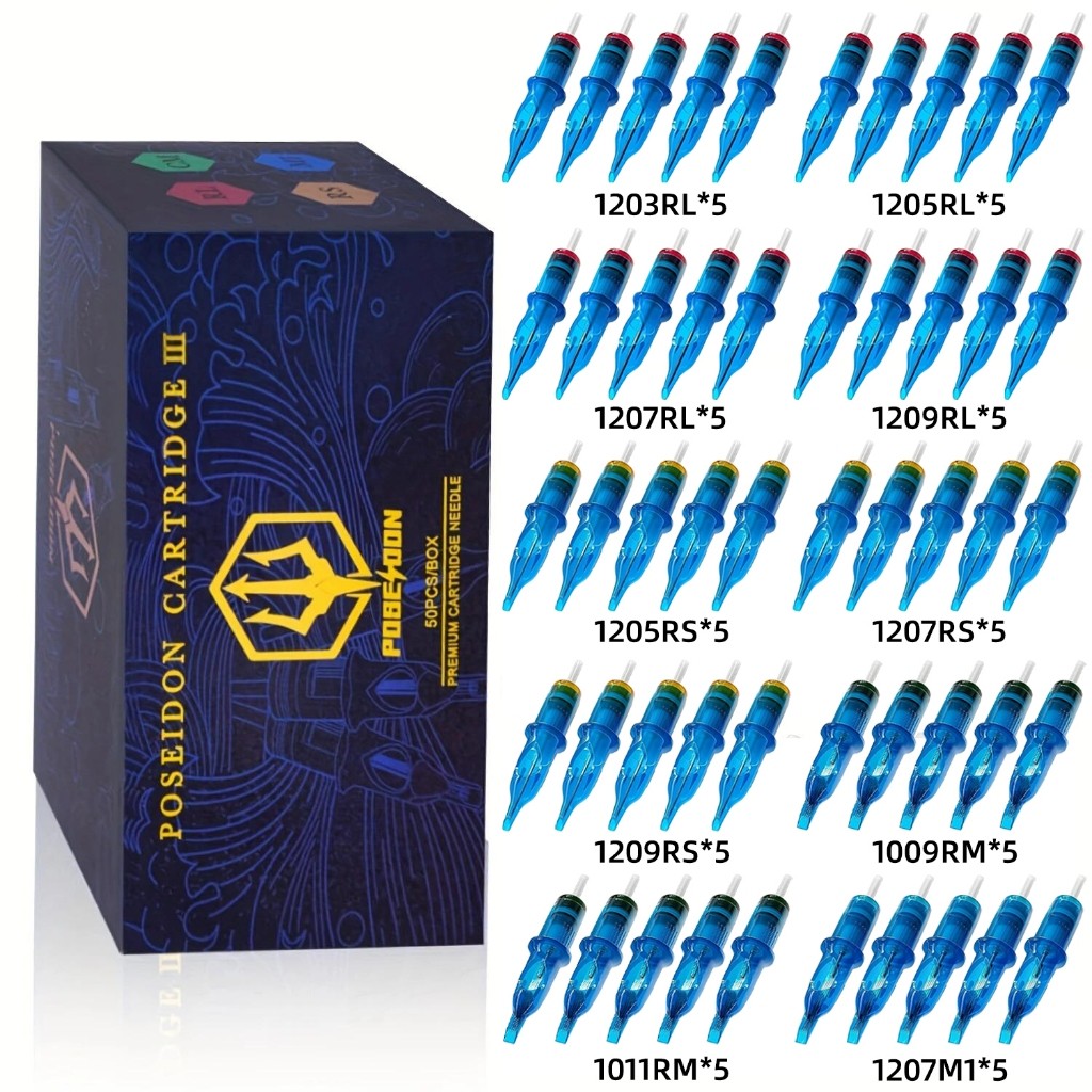 POSEIDON 50pcs Jarum Tato Cartridge Ukuran Campuran untuk Mesin Tato, Set Jarum Mesin Tipe Pentype, 