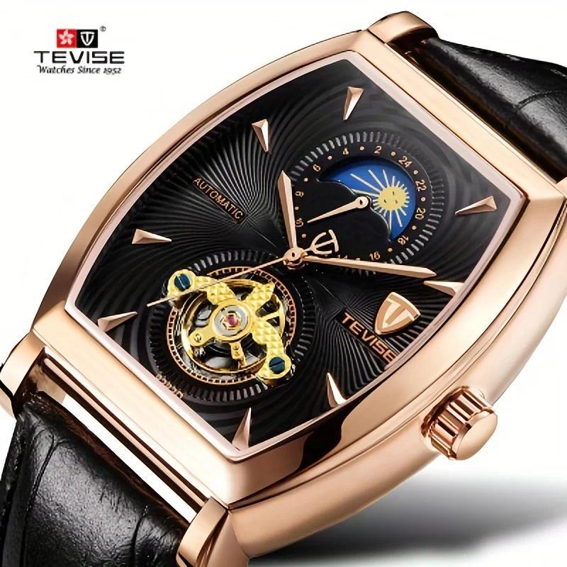 TEVISE Men's Automatic Mechanical Watch Tonneau Shape Waterproof Business Casual Moon Phase Skeleton