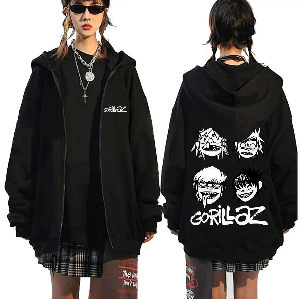 Jaket hoodie anime Gorillaz Zipper Hoodie Oversized Zip Up Jacket
