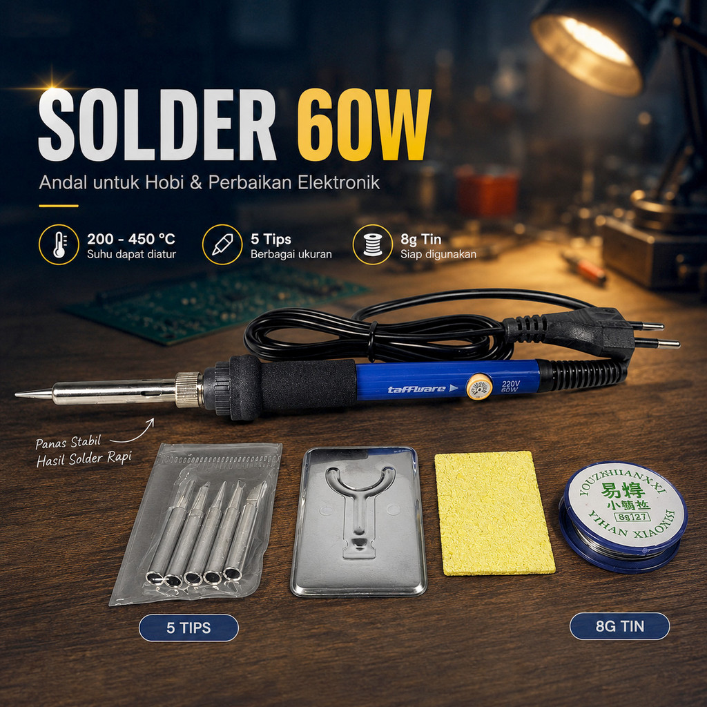 Taffware Solder Adjustable Temperature Fast Heating 60W 5 Tips 8g Tin - CS-31 C
