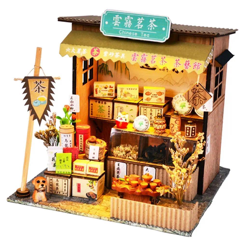 1/24 DIY Miniature Chinese Dollhouse Kits with Furniture Light - Teahouse