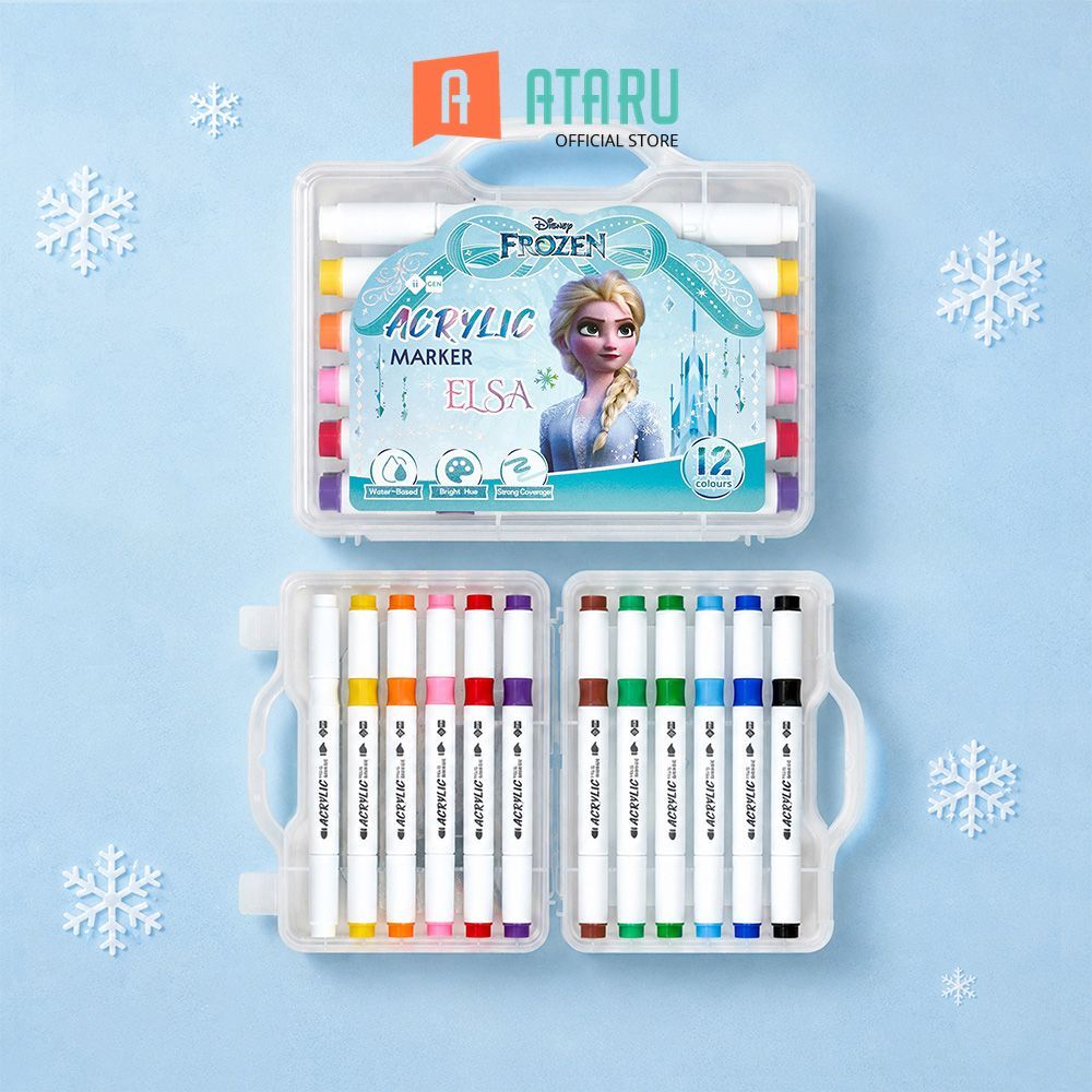 Ataru Disney Spidol Akrilik 12 Warna Brush Tip Frozen - Mix Marker Pen Pena Marker Felt Tip Spidol T